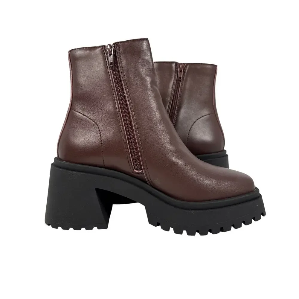 Steve Madden‎ Fella Platform Boots Womens 7.5 M Brown Leather Chunky Heel Zipper